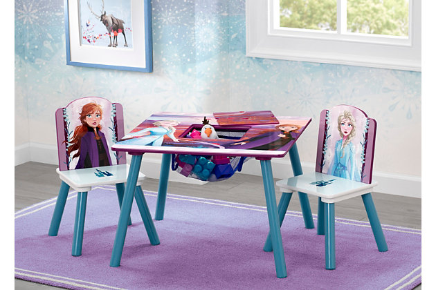 This Disney Frozen II Table and Chair Set with Storage by Delta Children will cause a flurry of excitement. Featuring colorful graphics of Anna and Elsa, this table and chair set will inspire little ones to embark on adventures of their own. The set includes a table and two chairs, designed at the perfect kid-sized height, making it ideal for snack time, playtime or homework. Plus, a built-in storage compartment at the center of the table is the ideal space to keep art supplies or toys.Includes table and 2 chairs | Made of pine wood, engineered wood, metal and fabric | Table with center storage compartment | Chair holds up to 50 pounds | Recommended for ages 3+ | Assembly required | Meets or exceeds all safety standards set by the cpsc | For any questions regarding delta children products, please contact consumersupport@deltachildren.com monday to friday, 8:30 a.m. To 6 p.m. (est)