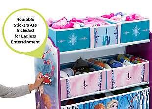 Arendelle's royal sisters will be happy to help clean up your mess with this Disney Frozen II Design and Store 6-Bin Toy Organizer by Delta Children. Designed for little kids with big imaginations, this cool toy storage bin features colorful graphics of Anna and Elsa, plus it comes with reusable vinyl cling stickers that allow your child to decorate the sides themselves. The stickers feature inspiring phrases and princess themed items that encourage kids to create magical scenes on the sides of the bin. Supported by a sturdy frame, this practical storage piece includes six fabric toy bins in three different sizes to stow a ton of toys. A great option for any room, the Frozen II Design and Store 6-Bin Toy Organizer will get kids cleaning up in flurry.Made of pine wood, engineered wood and metal | 6 fabric bins (1 large, 2 medium and 3 small); reusable vinyl cling stickers | Recommended for ages 3+ | Assembly required | Meets or exceeds all safety standards set by the cpsc | For any questions regarding delta children products, please contact consumersupport@deltachildren.com monday to friday, 8:30 a.m. To 6 p.m. (est)