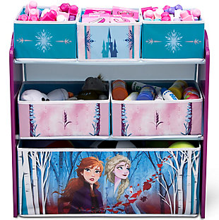 Arendelle's royal sisters will be happy to help clean up your mess with this Disney Frozen II Design and Store 6-Bin Toy Organizer by Delta Children. Designed for little kids with big imaginations, this cool toy storage bin features colorful graphics of Anna and Elsa, plus it comes with reusable vinyl cling stickers that allow your child to decorate the sides themselves. The stickers feature inspiring phrases and princess themed items that encourage kids to create magical scenes on the sides of the bin. Supported by a sturdy frame, this practical storage piece includes six fabric toy bins in three different sizes to stow a ton of toys. A great option for any room, the Frozen II Design and Store 6-Bin Toy Organizer will get kids cleaning up in flurry.Made of pine wood, engineered wood and metal | 6 fabric bins (1 large, 2 medium and 3 small); reusable vinyl cling stickers | Recommended for ages 3+ | Assembly required | Meets or exceeds all safety standards set by the cpsc | For any questions regarding delta children products, please contact consumersupport@deltachildren.com monday to friday, 8:30 a.m. To 6 p.m. (est)