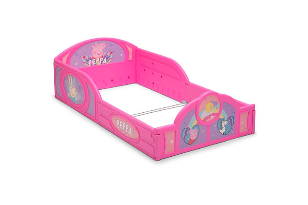 Your little one will go hog wild for this Peppa Pig Plastic Sleep and Play Toddler Bed by Delta Children. Featuring colorful decals of Peppa, Rebecca Rabbit and Suzy Sheep, this kids’ toddler bed will inspire the sweetest dreams. The bed’s low mattress height and built-in guardrails make it a wonderful option for your child’s first big-kid bed, giving them the independence they crave while keeping them safe throughout the night. And that’s not all, the bed’s versatile plastic frame can also be used as a play enclosure or a ton of other fun things, even a ball pit (play balls not included). Get this toddler bed today and bring home the magic of Peppa Pig.Made of plastic | Attached guardrails | Fits standard crib mattress (sold separately) | Recommended for ages 15 months+ | Holds up to 50 pounds | Assembly required | Jpma certified to meet or exceed all safety standards set by the cpsc & astm | For any questions regarding delta children products, please contact consumersupport@deltachildren.com monday to friday, 8:30 a.m. To 6 p.m. (est)