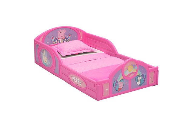 Your little one will go hog wild for this Peppa Pig Plastic Sleep and Play Toddler Bed by Delta Children. Featuring colorful decals of Peppa, Rebecca Rabbit and Suzy Sheep, this kids’ toddler bed will inspire the sweetest dreams. The bed’s low mattress height and built-in guardrails make it a wonderful option for your child’s first big-kid bed, giving them the independence they crave while keeping them safe throughout the night. And that’s not all, the bed’s versatile plastic frame can also be used as a play enclosure or a ton of other fun things, even a ball pit (play balls not included). Get this toddler bed today and bring home the magic of Peppa Pig.Made of plastic | Attached guardrails | Fits standard crib mattress (sold separately) | Recommended for ages 15 months+ | Holds up to 50 pounds | Assembly required | Jpma certified to meet or exceed all safety standards set by the cpsc & astm | For any questions regarding delta children products, please contact consumersupport@deltachildren.com monday to friday, 8:30 a.m. To 6 p.m. (est)