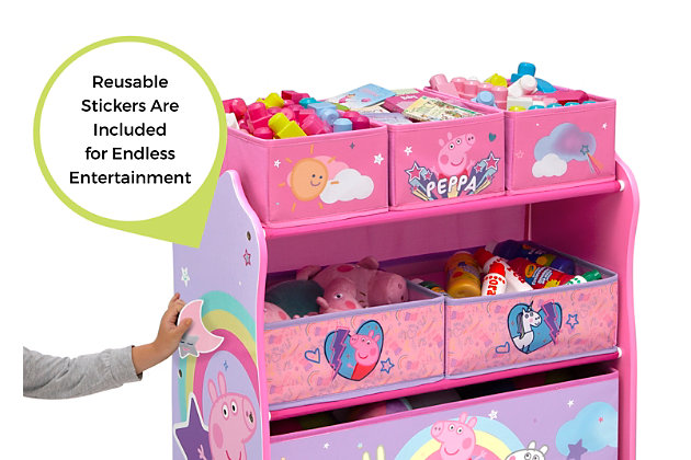 Your little ones might love muddy puddles, but that doesn’t mean they have to bring the sty inside. Thankfully, they’ll quickly take to tidying up with this Peppa Pig 6-Bin Design and Store Toy Organizer by Delta Children, a storage essential and colorful sticker station all in one. Boldly decorated with everyone’s favorite British critters, it includes reusable vinyl Peppa Pig stickers that kids can stick along the sides for endless rounds of storytelling, adding a much-needed incentive to clean up. The sturdy wooden frame holds six fabric bins sized for every type of toy, so you can store books, blocks and more. An eye-popping addition to their playroom or bedroom, this toy organizer makes sprucing up quick and easy. Even the messiest piggies will agree cleaning is fun!Made of pine wood, engineered wood and metal | 6 fabric bins (1 large, 2 medium and 3 small); reusable vinyl cling stickers | Recommended for ages 3+ | Assembly required | Meets or exceeds all safety standards set by the cpsc | For any questions regarding delta children products, please contact consumersupport@deltachildren.com monday to friday, 8:30 a.m. To 6 p.m. (est)