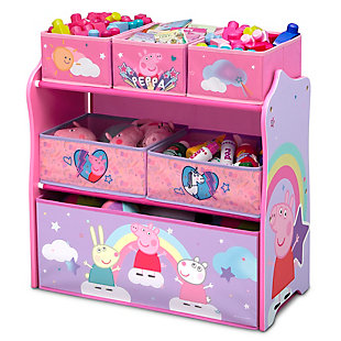 Your little ones might love muddy puddles, but that doesn’t mean they have to bring the sty inside. Thankfully, they’ll quickly take to tidying up with this Peppa Pig 6-Bin Design and Store Toy Organizer by Delta Children, a storage essential and colorful sticker station all in one. Boldly decorated with everyone’s favorite British critters, it includes reusable vinyl Peppa Pig stickers that kids can stick along the sides for endless rounds of storytelling, adding a much-needed incentive to clean up. The sturdy wooden frame holds six fabric bins sized for every type of toy, so you can store books, blocks and more. An eye-popping addition to their playroom or bedroom, this toy organizer makes sprucing up quick and easy. Even the messiest piggies will agree cleaning is fun!Made of pine wood, engineered wood and metal | 6 fabric bins (1 large, 2 medium and 3 small); reusable vinyl cling stickers | Recommended for ages 3+ | Assembly required | Meets or exceeds all safety standards set by the cpsc | For any questions regarding delta children products, please contact consumersupport@deltachildren.com monday to friday, 8:30 a.m. To 6 p.m. (est)