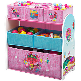 This Trolls World Tour Design and Store 6-Bin Toy Organizer by Delta Children will make you want to sing! Designed for little kids with big imaginations, this cool toy storage bin features colorful graphics of Poppy, Branch, Cooper, Sheila B, Delta Dawn, Trollzart and Barb, plus it comes with reusable vinyl cling stickers that allow your child to decorate the sides themselves. The stickers feature Troll’s characters, flowers and candy that encourage kids to create magical scenes on the sides of the bin. Supported by a sturdy frame, this practical storage piece features six fabric toy bins in three different sizes to stow a ton of toys. A great option for any room, the Trolls World Tour Design and Store 6-Bin Toy Organizer will help get your space as clean as a whistle.Made of pine wood, engineered wood and metal | 6 fabric bins (1 large, 2 medium and 3 small); reusable vinyl cling stickers | Recommended for ages 3+ | Assembly required | Meets or exceeds all safety standards set by the cpsc | For any questions regarding delta children products, please contact consumersupport@deltachildren.com monday to friday, 8:30 a.m. To 6 p.m. (est)