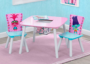 This Trolls World Tour Table and Chair Set with Storage by Delta Children is full of hair-raising details. Featuring colorful graphics of Poppy and Branch, this table and chair set will inspire little ones to drum up some fun. The set includes a table and two chairs, designed at the perfect kid-sized height, making it ideal for snack time, playtime or homework. Plus, a built-in storage compartment at the center of the table holds art supplies or toys to keep their space clean as a whistle.Includes table and 2 chairs | Made of pine wood, engineered wood, metal and fabric | Table with center storage compartment | Chair holds up to 50 pounds | Recommended for ages 3+ | Assembly required | Meets or exceeds all safety standards set by the cpsc | For any questions regarding delta children products, please contact consumersupport@deltachildren.com monday to friday, 8:30 a.m. To 6 p.m. (est)
