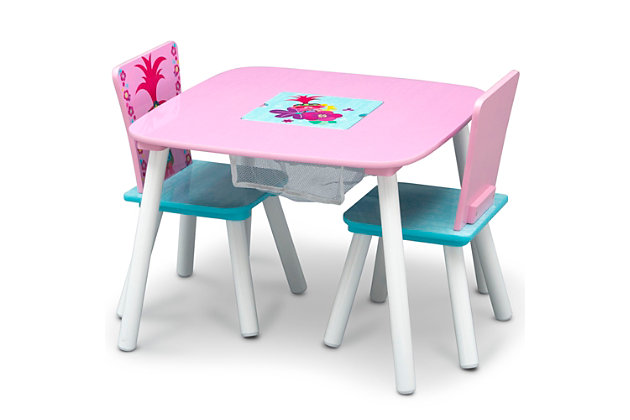 This Trolls World Tour Table and Chair Set with Storage by Delta Children is full of hair-raising details. Featuring colorful graphics of Poppy and Branch, this table and chair set will inspire little ones to drum up some fun. The set includes a table and two chairs, designed at the perfect kid-sized height, making it ideal for snack time, playtime or homework. Plus, a built-in storage compartment at the center of the table holds art supplies or toys to keep their space clean as a whistle.Includes table and 2 chairs | Made of pine wood, engineered wood, metal and fabric | Table with center storage compartment | Chair holds up to 50 pounds | Recommended for ages 3+ | Assembly required | Meets or exceeds all safety standards set by the cpsc | For any questions regarding delta children products, please contact consumersupport@deltachildren.com monday to friday, 8:30 a.m. To 6 p.m. (est)