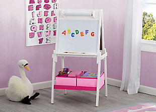 Spark artistic play with the MySize Double-Sided Storage Easel from Delta Children. This two-sided easel for kids features three different drawing surfaces—a chalkboard on one side, a magnetic dry-erase whiteboard on the other, and a pull down paper roll on top (33 feet of paper included). Just the right height for growing artists, this kids' easel encourages creativity and allows little ones to develop their fine motor skills through painting, drawing, coloring and writing. Two storage bins underneath the easel keep art supplies neat and nearby.Made of pine wood, engineered wood and metal | Includes chalkboard side, magnetic dry erase side, pull down paper roll (33 feet) and 2 fabric storage bins | Recommended for ages 3+ | Easy assembly | For any questions regarding delta children products, please contact consumersupport@deltachildren.com monday to friday, 8:30 a.m. To 6 p.m. (est)