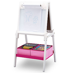 Spark artistic play with the MySize Double-Sided Storage Easel from Delta Children. This two-sided easel for kids features three different drawing surfaces—a chalkboard on one side, a magnetic dry-erase whiteboard on the other, and a pull down paper roll on top (33 feet of paper included). Just the right height for growing artists, this kids' easel encourages creativity and allows little ones to develop their fine motor skills through painting, drawing, coloring and writing. Two storage bins underneath the easel keep art supplies neat and nearby.Made of pine wood, engineered wood and metal | Includes chalkboard side, magnetic dry erase side, pull down paper roll (33 feet) and 2 fabric storage bins | Recommended for ages 3+ | Easy assembly | For any questions regarding delta children products, please contact consumersupport@deltachildren.com monday to friday, 8:30 a.m. To 6 p.m. (est)
