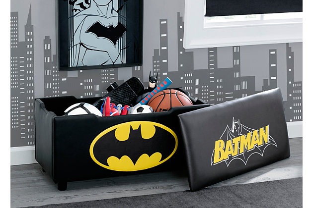 The Caped Crusader will be on the scene with this DC Comics Batman Upholstered Storage Bench from Delta Children. The bold, 3D appliqued Bat Signal will light the way to the comfy seat while the durable wood frame and fully upholstered faux leather construction ensures it’s built to last. Whether at the foot of your child’s bed, in the playroom or the living room, this fully upholstered bench has you covered. For added functionality, the foam padded top of this bench opens to reveal tons of storage for toys, blankets or games. More than just the protector of Gotham City, Batman is now ready to provide a versatile seating option where you can put on shoes or just kick back and relax.Made of pine wood, engineered wood, metal and foam | Faux leather polyester upholstery | Removable lid | Holds up to 250 pounds | Recommended for ages 3+ | Easy assembly | For any questions regarding delta children products, please contact consumersupport@deltachildren.com monday to friday, 8:30 a.m. To 6 p.m. (est)