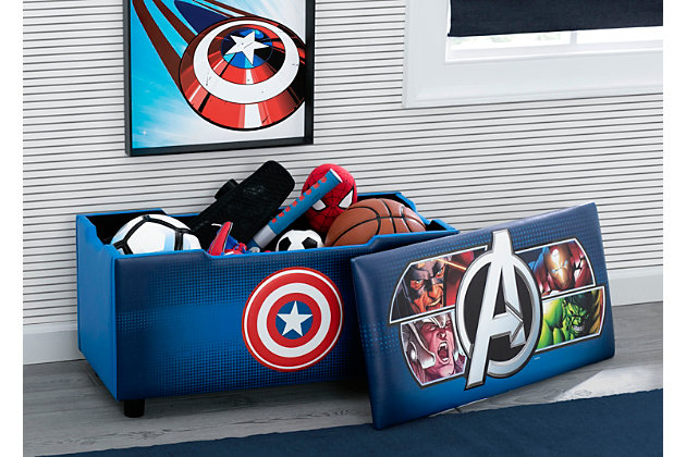 Save the day and add superhero style to any room of your house with this Marvel Avengers Upholstered Storage Bench by Delta Children. Bold 3D applique detailing brings the Hulk, Iron Man, Captain America and Thor to life. Whether at the foot of your child’s bed, in the playroom or the living room, this fully upholstered bench has you covered. For added functionality, the foam padded top of this bench opens to reveal tons of storage for toys, blankets or games. And just like that, the Avengers, guardians of Earth and the world’s greatest superheroes, offer you a comfy seat where you can put on shoes or just kick back and relax.Made of pine wood, engineered wood, metal and foam | Faux leather polyester upholstery | Removable lid | Holds up to 250 pounds | Recommended for ages 3+ | Easy assembly | For any questions regarding delta children products, please contact consumersupport@deltachildren.com monday to friday, 8:30 a.m. To 6 p.m. (est)