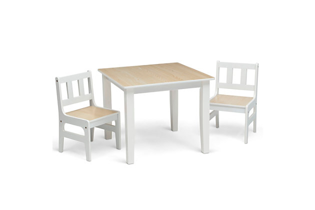 The perfect foundation for fun and learning, this Table and Chair Set (2 Chairs Included) by Delta Children features a smooth, wood top that makes it extremely durable and easy to clean. Whether your child uses it for art projects, tea parties, snack time or homework, this kids’ play table and chair set will enhance their sense of wonder. Sized just right for your growing child, this set will provide years of creative fun. The table's beautiful two-tone finish will complement existing bedroom, playroom or living room decor, easily allowing you to create a space that works for kids and adults alike.Includes table and 2 chairs | Made of pine wood, engineered wood and metal | White and natural finish | Chair holds up to 50 pounds | Recommended for ages 3+ | Assembly required | Meets or exceeds all safety standards set by the cpsc | For any questions regarding delta children products, please contact consumersupport@deltachildren.com monday to friday, 8:30 a.m. To 6 p.m. (est)
