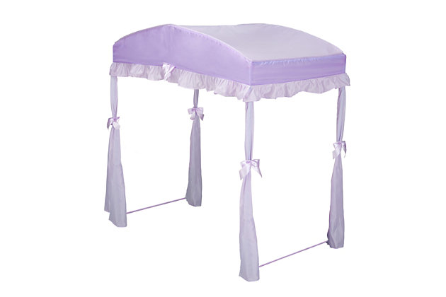 Add a whimsical touch to your nursery with the pink Delta Toddler Bed Canopy. It creates a cozy, relaxing space for your little one to sleep. This charming pink toddler bed accessory fits most wooden or plastic toddler beds. The ribbon and ruffle add elegance to the Delta Toddler Bed Canopy. Create a magical space over your child's bed with this bed canopy. Canopy only; toddler bed sold separately.Made of polyester, plastic and metal | Canopy only; fits most toddler beds | Easy assembly | For any questions regarding delta children products, please contact consumersupport@deltachildren.com monday to friday, 8:30 a.m. To 6 p.m. (est)