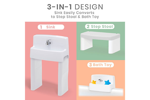 Brush up on important hygiene skills with the PerfectSize 3-in-1 Convertible Sink by Delta Children! Sized just right for your little one, this fully functioning sink will encourage kids to wash their hands and brush their teeth. Much easier than using an adult size sink with a step stool, this miniature version ensures your child can reach the faucet without straining. Designed to provide plenty of running water without needing plumbing, all you need to do is fill the tank with water using the provided rinse cup. Your child can use the easy-push faucet to wash up—just like a real sink! The used water drains into the same rinse cup that’s used to fill the tank, its hidden in the leg, and can be easily emptied into your sink or tub when full. When your child is ready to make the transition to an adult size sink, this innovative kiddie sink converts into a handy step stool and bath toy. Remove the sink top to reveal a step stool that features slip resistant rubber feet—use it in bathrooms, the kitchen or anywhere kids need a little boost. To use as a bath toy, fit the sink basin over the side of your tub or attach with included suction cups, fill the tank with water, and watch as your little one plays with bubbles, rubber ducks or other water toys—it’s a safer option than playing with the tub faucet, and uses much less water. The included rinse cup that’s used to fill the sink tank can also be used when shampooing in the bath—it’s a simple way to keep soap and water out of your baby’s eyes. The PerfectSize 3-in-1 Convertible Sink by Delta Children will help enhance fine motor skills and eye-hand coordination, plus it makes getting ready for the day or bedtime so much fun. It’s a great addition to potty-training routines for boys and girls.3-in-1 design: kiddie sized sink converts to step stool and bath toy; recommended for ages 1+; great addition to potty-training routines for boys and girls | Sink really works: realistic design resembles an adult size sink and encourages healthy habits and good hygiene from a young age; use for washing hands or brushing teeth; kids will use the working faucet to access water, just like an adult sink; helps enhance fine motor skills and eye-hand coordination | Easy to use: fill the tank with water using the provided rinse up; used water drains into the same rinse cup that’s hidden in the leg; empty used water into the sink or tub; rinse cup can also be used in the tub while shampooing | Built strong: made with durable plastic for long-lasting use; wipe clean with warm washcloth | Size: 7.5”d x 16.25”w x 25”h; when converted to step stool, it holds up to 150 lbs.