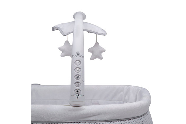 Help ease your baby to sleep with the automatic gliding motion, soothing sounds, spinning star toys, twinkling lights and soft-glow nightlight on the Serta iComfort Auto Gliding Bassinet. Activate the bassinet’s whisper-quiet gliding motion with a push of a button—the smooth sway creates a serene sleep space. The modern grey and white pattern on plush fabrics will be at home anywhere, from the nursery to the family room and the parents' bedroom. Locking wheels, a light-blocking canopy and foam pad means your newborn can sleep by your side, no matter where you are in the house. Plus, the removable fitted sheet is machine washable for easy care. Brought to you by Serta, the leader in mattress innovation and technology, this bassinet will make it easier than ever for baby to fall asleep and stay asleep throughout the night. This bassinet is recommended for babies 0-5 months. Stop use at 5 months or once your infant begins to push up on their hands and knees, whichever comes first. Use the included AC adapter for battery-free operation.Made of plastic, metal and fabric | Includes machine-washable fitted sheet and 1" water-resistant pad | Push button auto-glide motion with ac adaptor for battery-free operation | Attached mobile includes a nightlight, vibrations and twinkle lights with dangling, rotating plush stars | Mobile arm rotates outward, which makes putting in or taking out baby easy | Canopy is removable and adjustable | Large storage basket under frame for your baby essentials | Wheels for easy mobility | Recommended for ages 0-5 months | Assembly required | Jpma certified to meet or exceed all safety standards set by the cpsc & astm | For any questions regarding delta children products, please contact consumersupport@deltachildren.com monday to friday, 8:30 a.m. To 6 p.m. (est)
