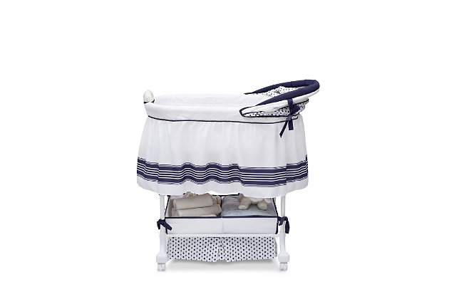 "Ahoy! Your baby will set sail for a good night's sleep with Delta Children's Smooth Glide Bassinet in Marina. Adding a cute coastal touch, this cozy baby bassinet with a crisp blue and white design is outfitted with variable speed vibration, a gentle gliding base, soft nightlight and a music module that comes with preloaded lullabies. Other useful features include locking casters for easy mobility and a large storage basket underneath for all your little one's necessities.Made of metal, fabric and plastic | Gentle side-to-side rocking motion; activate glide motion with a gentle push | Locking caster wheels | Includes 1" mattress and machine washable mattress cover | Electronic pod emits lights, sounds and vibrations; requires 4 aa batteries (not included) | Storage underneath | Recommended use from birth to 5 months (up to 15 pounds) | Assembly required | Jpma certified to meet or exceed all safety standards set by the cpsc & astm | For any questions regarding delta children products, please contact consumersupport@deltachildren.com monday to friday, 8:30 a.m. To 6 p.m. (est)