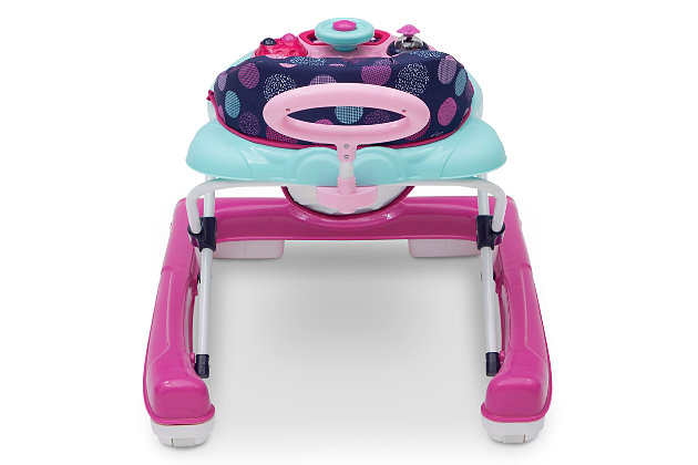 From baby steps to big steps, the First Exploration 2-in-1 Activity Walker from Delta Children is the perfect choice for your growing child. Two baby walkers in one, it transitions from an activity walker to a walk-behind walker. As an activity walker, the padded, high-back chair offers plenty of comfort and support as your child begins exploring. The toy tray stimulates your baby's visual and auditory senses during playtime with music, lights and a steering wheel. For meals or snack time, the removable toy tray easily pops off to reveal a spacious eating surface. Use this baby walker as a walk-behind when your child begins to take steps on their own—the comfy handle provides extra balance for beginning walkers. Plus, the ultra-compact fold away position makes it easy to store this baby walker or take it on trips.Made of plastic, metal and fabric | Adjustable height (3 positions) | Removable activity tray requires 2 aa batteries; not included | Machine washable seat pad | Recommended for children up to 25 pounds or up to 30 inches tall | Folds flat for travel or storage | Jpma certified to meet or exceed all safety standards set by the cpsc & astm | For any questions regarding delta children products, please contact consumersupport@deltachildren.com monday to friday, 8:30 a.m. To 6 p.m. (est)