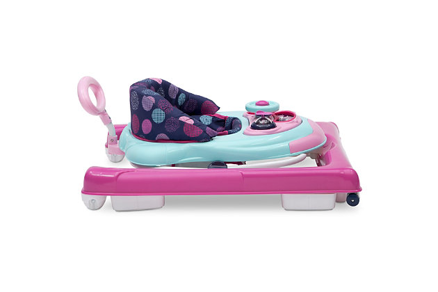 From baby steps to big steps, the First Exploration 2-in-1 Activity Walker from Delta Children is the perfect choice for your growing child. Two baby walkers in one, it transitions from an activity walker to a walk-behind walker. As an activity walker, the padded, high-back chair offers plenty of comfort and support as your child begins exploring. The toy tray stimulates your baby's visual and auditory senses during playtime with music, lights and a steering wheel. For meals or snack time, the removable toy tray easily pops off to reveal a spacious eating surface. Use this baby walker as a walk-behind when your child begins to take steps on their own—the comfy handle provides extra balance for beginning walkers. Plus, the ultra-compact fold away position makes it easy to store this baby walker or take it on trips.Made of plastic, metal and fabric | Adjustable height (3 positions) | Removable activity tray requires 2 aa batteries; not included | Machine washable seat pad | Recommended for children up to 25 pounds or up to 30 inches tall | Folds flat for travel or storage | Jpma certified to meet or exceed all safety standards set by the cpsc & astm | For any questions regarding delta children products, please contact consumersupport@deltachildren.com monday to friday, 8:30 a.m. To 6 p.m. (est)