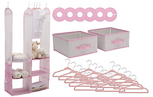 Get your nursery or child’s room in tip-top shape with this 24-Piece Nursery Storage Set from Delta Children. A complete closet and bedroom organization set, it gives you everything you need to straighten up your child’s drawers, shelves, closet and dresser. This handy set includes 15 velvet hangers, 6 closet dividers, two small bins, plus a six-shelf hanging organizer. Each item is designed specifically for kid-sized stuff with a durable construction that can handle heavy use. Use the items in this set for baby clothes, burp cloths, bibs, socks, diapers, toiletries and other nursery accessories. Purchase this set for your own baby’s room or as a baby shower gift for someone else.Made of fabric and metal | Includes 15 infant/toddler hangers; 6 closet dividers; 2 bins; hanging organizer with 6 shelves | Spot clean | Assembly required | For any questions regarding delta children products, please contact consumersupport@deltachildren.com monday to friday, 8:30 a.m. To 6 p.m. (est)