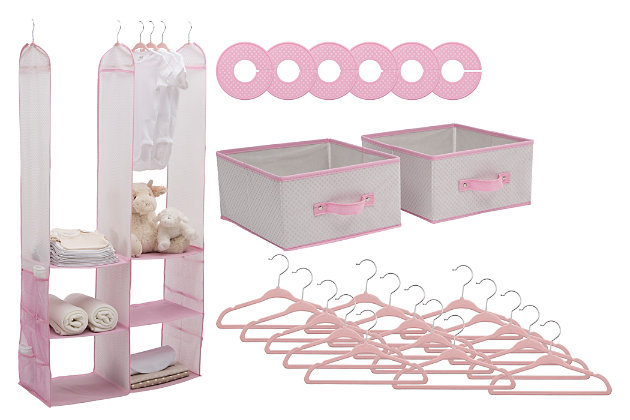 Get your nursery or child’s room in tip-top shape with this 24-Piece Nursery Storage Set from Delta Children. A complete closet and bedroom organization set, it gives you everything you need to straighten up your child’s drawers, shelves, closet and dresser. This handy set includes 15 velvet hangers, 6 closet dividers, two small bins, plus a six-shelf hanging organizer. Each item is designed specifically for kid-sized stuff with a durable construction that can handle heavy use. Use the items in this set for baby clothes, burp cloths, bibs, socks, diapers, toiletries and other nursery accessories. Purchase this set for your own baby’s room or as a baby shower gift for someone else.Made of fabric and metal | Includes 15 infant/toddler hangers; 6 closet dividers; 2 bins; hanging organizer with 6 shelves | Spot clean | Assembly required | For any questions regarding delta children products, please contact consumersupport@deltachildren.com monday to friday, 8:30 a.m. To 6 p.m. (est)