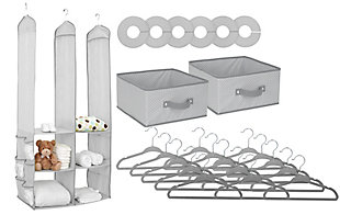 Get your nursery or child’s room in tip-top shape with this 24-Piece Nursery Storage Set from Delta Children. A complete closet and bedroom organization set, it gives you everything you need to straighten up your child’s drawers, shelves, closet and dresser. This handy set includes 15 velvet hangers, 6 closet dividers, two bins, plus a six-shelf hanging organizer. Each item is designed specifically for kid-sized stuff with a durable construction that can handle heavy use. Use the items in this set for baby clothes, burp cloths, bibs, socks, diapers, toiletries and other nursery accessories. Purchase this set for your own baby’s room or as a baby shower gift for someone else.Made of fabric and metal | Includes 15 infant/toddler hangers; 6 closet dividers; 2 bins; hanging organizer with 6 shelves | Spot clean | Assembly required | For any questions regarding delta children products, please contact consumersupport@deltachildren.com monday to friday, 8:30 a.m. To 6 p.m. (est)