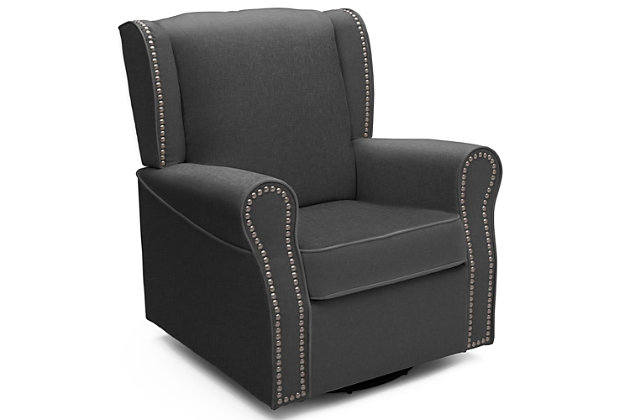 Give your stylish nursery a worthy throne with the on-trend Middleton Nursery Glider Swivel Rocker Chair from Delta Children. y upholstered for supreme comfort, this cozy chair with a gentle swivel and glide motion is the perfect backdrop to feed, soothe or bond with baby. Curved arms soften the look, while a sturdy frame with durable steel mechanisms ensures quiet movement and stability. Finished with brushed nickel-tone nail head trim, the Middleton Nursery Glider Swivel Rocker Chair from Delta Children adds a touch of opulence to any space.Made of wood, engineered wood and steel | Durable steel glide, rock and swivel mechanism | Easy-to-clean upholstery | Brushed nickel-tone nailhead trim | Loose seat cushion | Assembly required | For any questions regarding delta children products, please contact consumersupport@deltachildren.com monday to friday, 8:30 a.m. To 6 p.m. (est)