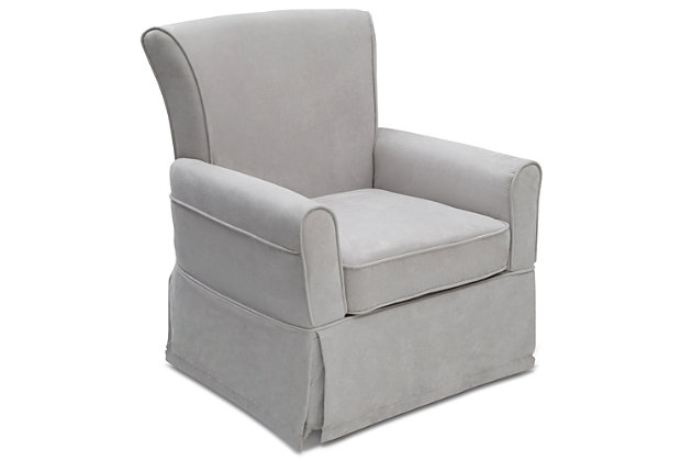A plush armchair with a supportive back above a gentle swivel and glide mechanism create a glider you and your baby will love relaxing in. Crafted with a sturdy wood frame for lasting strength, the Benbridge Nursery Glider Swivel Rocker Chair from Delta Children is upholstered in easy-to-clean, super-soft microfiber fabric, and will work well in any other room in the house after your little one has outgrown the nursery. Delta Children was founded around the idea of ma safe, high-quality children’s furniture affordable for all families. They know there’s nothing more important than safety when it comes your child’s space. That’s why all Delta Children products are built with long-lasing materials to ensure they stand up to years of jumping and playing. Plus, they are rigorously tested to meet or exceed all industry safety standards.Made of wood, engineered wood and steel | Durable steel glide, rock and swivel mechanism | Smooth 360-degree swivel | Easy-to-clean microfiber upholstery | Loose seat cushion with foam filling and pocketed coil support | Assembly required | For any questions regarding delta children products, please contact consumersupport@deltachildren.com monday to friday, 8:30 a.m. To 6 p.m. (est) | Ships directly from third party vendor. See Warranty Information page for terms & conditions.
