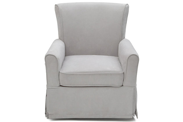 A plush armchair with a supportive back above a gentle swivel and glide mechanism create a glider you and your baby will love relaxing in. Crafted with a sturdy wood frame for lasting strength, the Benbridge Nursery Glider Swivel Rocker Chair from Delta Children is upholstered in easy-to-clean, super-soft microfiber fabric, and will work well in any other room in the house after your little one has outgrown the nursery. Delta Children was founded around the idea of ma safe, high-quality children’s furniture affordable for all families. They know there’s nothing more important than safety when it comes your child’s space. That’s why all Delta Children products are built with long-lasing materials to ensure they stand up to years of jumping and playing. Plus, they are rigorously tested to meet or exceed all industry safety standards.Made of wood, engineered wood and steel | Durable steel glide, rock and swivel mechanism | Smooth 360-degree swivel | Easy-to-clean microfiber upholstery | Loose seat cushion with foam filling and pocketed coil support | Assembly required | For any questions regarding delta children products, please contact consumersupport@deltachildren.com monday to friday, 8:30 a.m. To 6 p.m. (est) | Ships directly from third party vendor. See Warranty Information page for terms & conditions.
