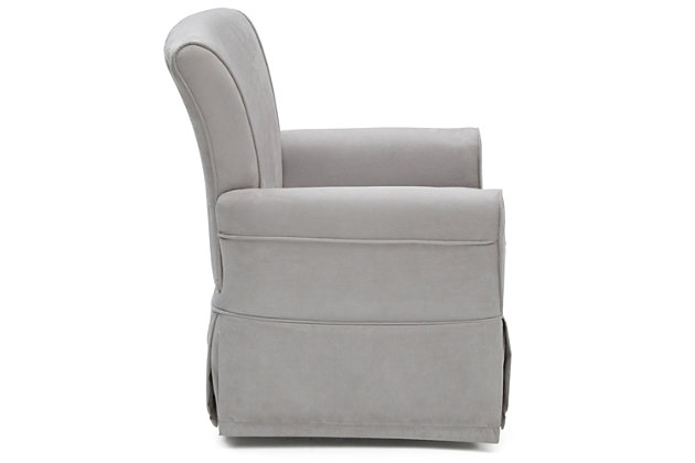 A plush armchair with a supportive back above a gentle swivel and glide mechanism create a glider you and your baby will love relaxing in. Crafted with a sturdy wood frame for lasting strength, the Benbridge Nursery Glider Swivel Rocker Chair from Delta Children is upholstered in easy-to-clean, super-soft microfiber fabric, and will work well in any other room in the house after your little one has outgrown the nursery. Delta Children was founded around the idea of making safe, high-quality children’s furniture affordable for all families. They know there’s nothing more important than safety when it comes your child’s space. That’s why all Delta Children products are built with long-lasing materials to ensure they stand up to years of jumping and playing. Plus, they are rigorously tested to meet or exceed all industry safety standards.Made of wood, engineered wood and steel | Durable steel glide, rock and swivel mechanism | Smooth 360-degree swivel | Easy-to-clean microfiber upholstery | Loose seat cushion with foam filling and pocketed coil support | Assembly required | For any questions regarding delta children products, please contact consumersupport@deltachildren.com monday to friday, 8:30 a.m. To 6 p.m. (est)