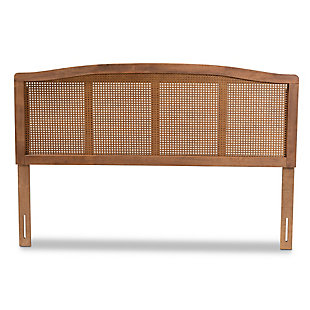Cultivate a vintage chic vibe in your bedroom with this headboard. Its classic walnut hued brown finish adds warmth to any space. Exquisitely woven synthetic rattan is embedded within the wood for an airy, mid-century look. Stylish and versatile, the back of the headboard features six pre-drilled holes to provide five different height configuration options.Headboard only | Made of rubberwood, engineered veneer and faux rattan | Walnut-tone brown finish | Headboard is adjustable to accommodate different mattress heights | ¼" bolts (not included) are needed to attach headboard to your existing metal bed frame | Assembly required