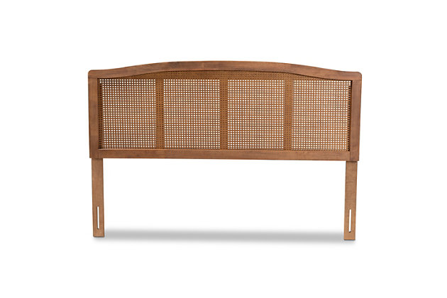 Cultivate a vintage chic vibe in your bedroom with this headboard. Its classic walnut hued brown finish adds warmth to any space. Exquisitely woven synthetic rattan is embedded within the wood for an airy, mid-century look. Stylish and versatile, the back of the headboard features six pre-drilled holes to provide five different height configuration options.Headboard only | Made of rubberwood, engineered veneer and faux rattan | Walnut-tone brown finish | Headboard is adjustable to accommodate different mattress heights | ¼" bolts (not included) are needed to attach headboard to your existing metal bed frame | Assembly required
