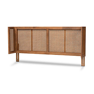 Cultivate a vintage chic vibe in your bedroom with this headboard. Its classic walnut hued brown finish adds warmth to any space. Exquisitely woven synthetic rattan is embedded within the wood for an airy, mid-century look. Its wrap-around design provides a cozy feel as you read and watch TV.Headboard only | Made of rubberwood, engineered veneer and faux rattan | Walnut-tone brown finish | ¼" bolts (not included) are needed to attach headboard to your existing metal bed frame | Assembly required