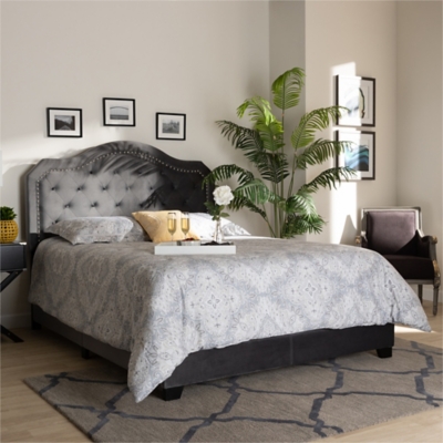Baxton Studio Samantha Velvet Upholstered Queen Button Tufted Bed, Gray, large