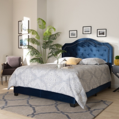 Baxton Studio Samantha Velvet Upholstered Queen Button Tufted Bed, Blue, large