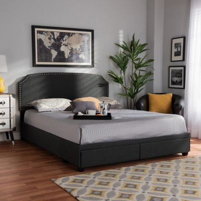Baxton Studio Larese Upholstered 2-Drawer Queen Platform Storage Bed, Dark Gray, rollover