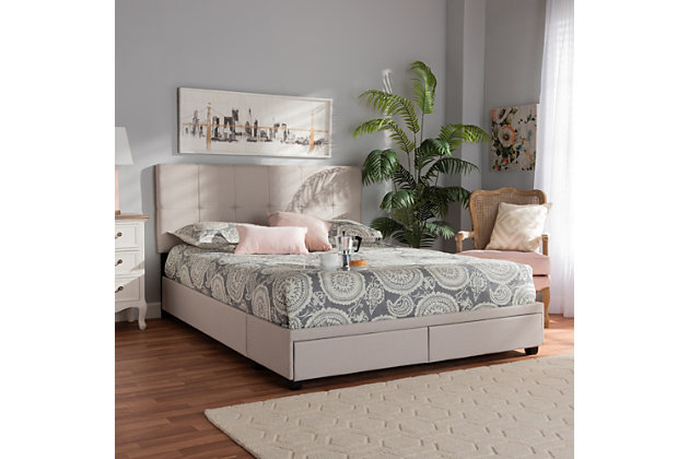 Reinvent your bedroom with the modern elegance of this bed. This chic bed is upholstered in an elegant linen-like fabric that provides ample comfort for you to lean against as you read or watch TV. Biscuit tufting and black feet lend a clean, contemporary look. Stylish and practical, the footboard is fitted with two drawers with space to store clothes, sheets and more.Made of wood, engineered veneer and engineered wood | Polyester faux linen upholstery with biscuit tufting | 2 storage drawers in footboard | Mattress and foundation/box spring available, sold separately | Assembly required