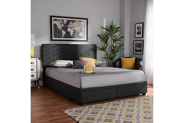 Reinvent your bedroom with the modern elegance of this bed. This chic bed is upholstered in an elegant linen-like fabric that provides ample comfort for you to lean against as you read or watch TV. Biscuit tufting and black feet lend a clean, contemporary look. Stylish and practical, the footboard is fitted with two drawers with space to store clothes, sheets and more.Made of wood, engineered veneer and engineered wood | Polyester faux linen upholstery with biscuit tufting | 2 storage drawers in footboard | Foundation/box spring required; sold separately | Assembly required