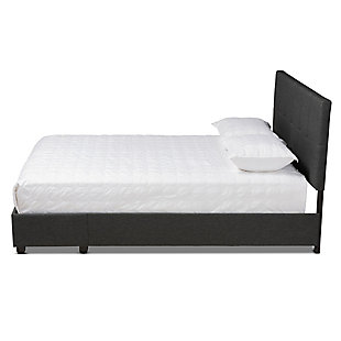 Reinvent your bedroom with the modern elegance of this bed. This chic bed is upholstered in an elegant linen-like fabric that provides ample comfort for you to lean against as you read or watch TV. Biscuit tufting and black feet lend a clean, contemporary look. Stylish and practical, the footboard is fitted with two drawers with space to store clothes, sheets and more.Made of wood, engineered veneer and engineered wood | Polyester faux linen upholstery with biscuit tufting | 2 storage drawers in footboard | Foundation/box spring required; sold separately | Assembly required