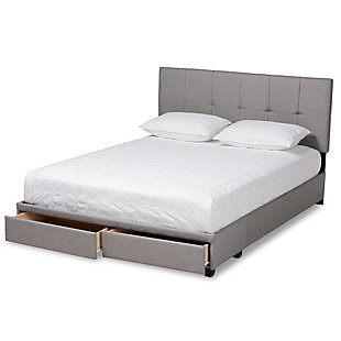 Reinvent your bedroom with the modern elegance of this bed. This chic bed is upholstered in an elegant linen-like fabric that provides ample comfort for you to lean against as you read or watch TV. Biscuit tufting and black feet lend a clean, contemporary look. Stylish and practical, the footboard is fitted with two drawers with space to store clothes, sheets and more.Made of wood, engineered veneer and engineered wood | Polyester faux linen upholstery with biscuit tufting | 2 storage drawers in footboard | Mattress and foundation/box spring available, sold separately | Assembly required