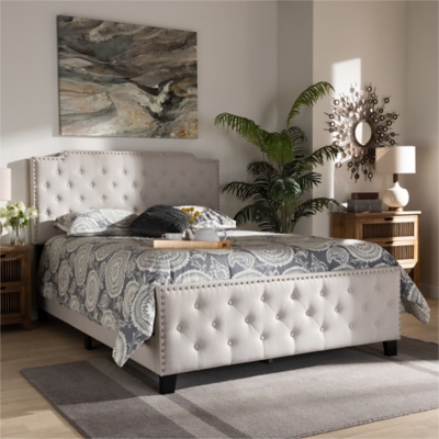 Baxton Studio Marion Upholstered Button Tufted Queen Panel Bed, Beige, large