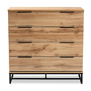 With its clean lines and natural wood tones, this dresser is a stylish addition to any space. This wood dresser pairs a natural oak-tone finish with black metal for a cool, contemporary look. Four drawers provide ample space to store clothing, lingerie and more. Long black metal handles add a chic, minimalist touch.Made of wood, veneer and engineered wood | Natural oak-tone finish | Black metal base and handles | 4 drawers | Assembly required