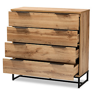 With its clean lines and natural wood tones, this dresser is a stylish addition to any space. This wood dresser pairs a natural oak-tone finish with black metal for a cool, contemporary look. Four drawers provide ample space to store clothing, lingerie and more. Long black metal handles add a chic, minimalist touch.Made of wood, veneer and engineered wood | Natural oak-tone finish | Black metal base and handles | 4 drawers | Assembly required