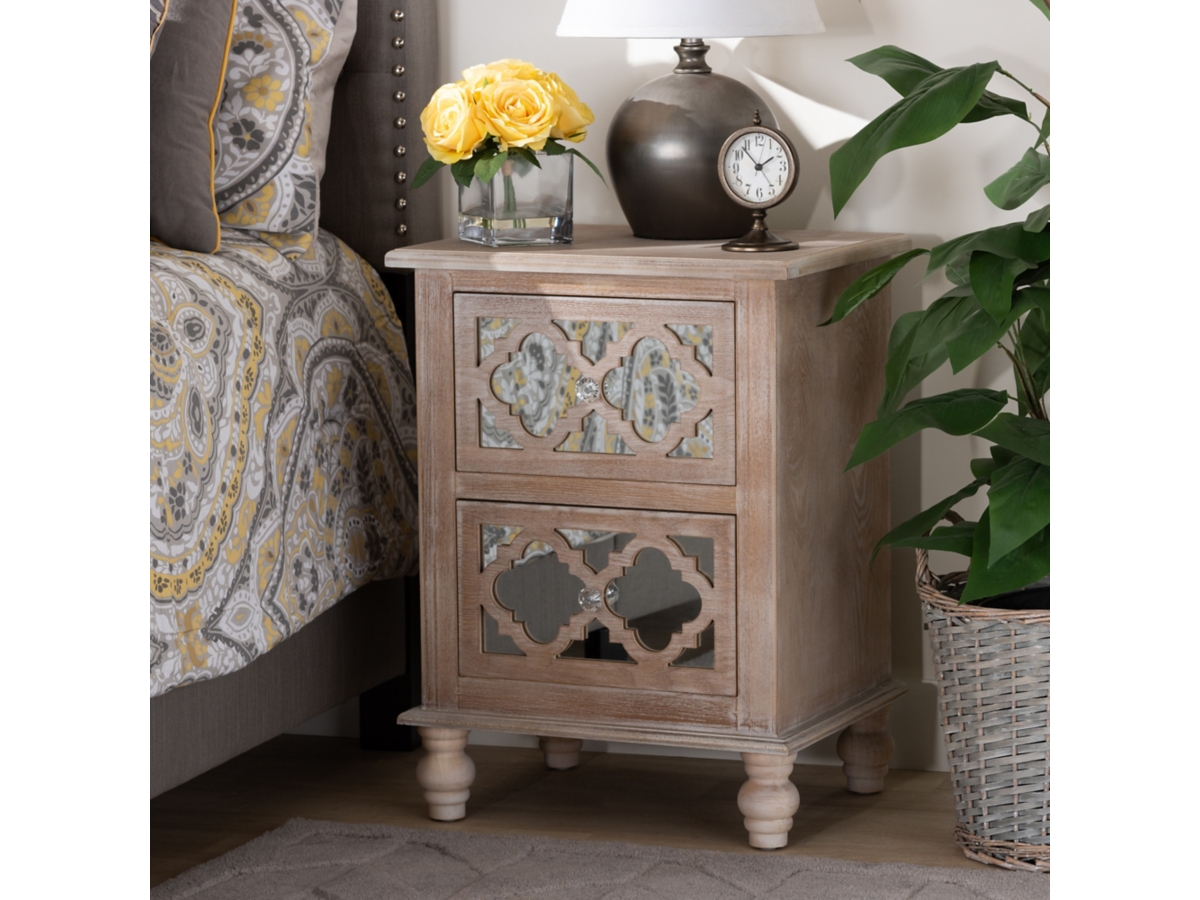 Celia Wood and Mirror 2-Drawer Quatrefoil Nightstand | Ashley