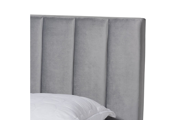 With its channel tufted headboard, this bed adds a striking look to any bedroom. Set on top of black wood legs, it’s upholstered in a soft, luxurious velvet fabric that feels exceptionally soft to the touch. Its glamorous profile forms an impressive backdrop in even the simplest of spaces. Add a set of crisp white sheets and plush duvet to complete the look.Made of wood and engineered wood | Polyester velvet upholstery with channel tufting | Foundation/box spring required, sold separately | Mattress available, sold separately | Assembly required