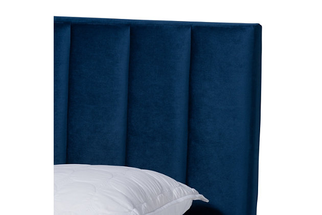 With its channel tufted headboard, this bed adds a striking look to any bedroom. Set on top of black wood legs, it’s upholstered in a soft, luxurious velvet fabric that feels exceptionally soft to the touch. Its glamorous profile forms an impressive backdrop in even the simplest of spaces. Add a set of crisp white sheets and plush duvet to complete the look.Made of wood and engineered wood | Polyester velvet upholstery with channel tufting | Foundation/box spring required, sold separately | Mattress available, sold separately | Assembly required