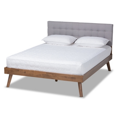 Baxton Studio Devan Mid-Century Upholstered Wood Platform Bed, Gray, grid