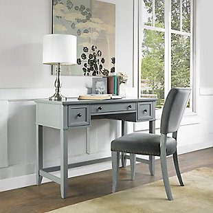 Simple and traditional, this gorgeous vanity is dressed to impress with a classic silhouette sure to complement any decor. The expansive countertop offers plenty of space for your makeup and beauty essentials. This vanity with three smooth-gliding drawers works equally well as a chic desk—a smart option when space is at a premium.Made of solid hardwood, wood veneers and engineered wood | Center drawer; 2 side drawers | Brushed nickel-tone hardware | For use as a vanity or desk | Assembly required