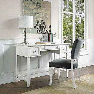 Simple and traditional, this gorgeous vanity is dressed to impress with a classic silhouette sure to complement any decor. The expansive countertop offers plenty of space for your makeup and beauty essentials. This vanity with three smooth-gliding drawers works equally well as a chic desk—a smart option when space is at a premium.Made of solid hardwood, wood veneers and engineered wood | Center drawer; 2 side drawers | Brushed nickel-tone hardware | For use as a vanity or desk | Assembly required