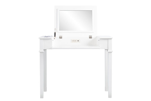 You're so fancy. Getting ready gets glamourous with this versatile vanity desk and stool. Flip up mirror and fold down drawer front hides beauty secrets. Power outlet heats hot tools and two inset cup holders give each a separate home. Convenient USB port charges electronics while you're in hair and makeup and under-the-seat bench storage tucks away unneeded accessories.Made of engineered wood, rubberwood and mirrored glass | Off-white finish | Metal rimmed cord control outlet | Bench with beige upholstered seat cushion | Assembly time frame is 45 to 60 min.