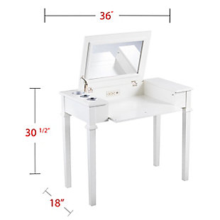 You're so fancy. Getting ready gets glamourous with this versatile vanity desk and stool. Flip up mirror and fold down drawer front hides beauty secrets. Power outlet heats hot tools and two inset cup holders give each a separate home. Convenient USB port charges electronics while you're in hair and makeup and under-the-seat bench storage tucks away unneeded accessories.Made of engineered wood, rubberwood and mirrored glass | Off-white finish | Metal rimmed cord control outlet | Bench with beige upholstered seat cushion | Assembly time frame is 45 to 60 min.