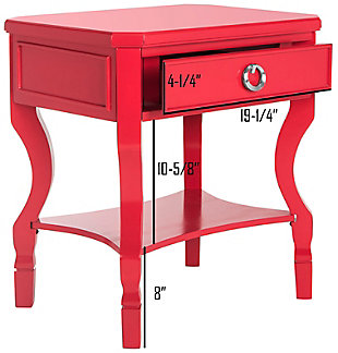 Posh as the area that inspired the design, the fine craftmanship of this accent table evokes traditional style with a modern edge. The gently curved legs and chic silvertone hardware make it as versatile as it is timeless. A splendid solution in your home as a nightstand, accent or end table.Made of rubberwood and iron | Red lacquer finish | Single drawer | Fixed lower shelf | Assembly required
